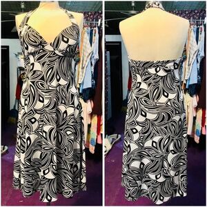 2000s Black And White Psychedelic Print Halter Dress Sundress Clubwear Y2k